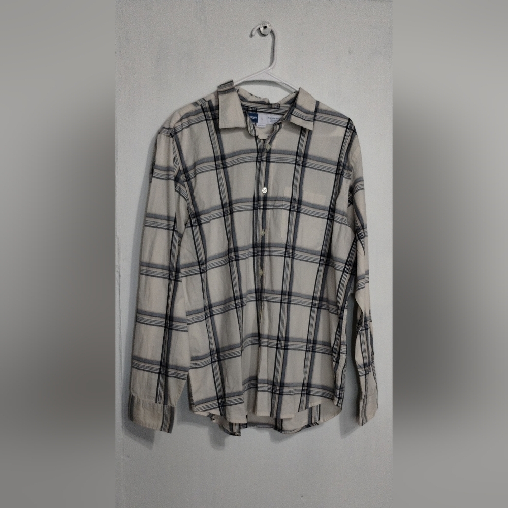 Old Navy Men's Checkered Shirt - Cream and Blue (L)